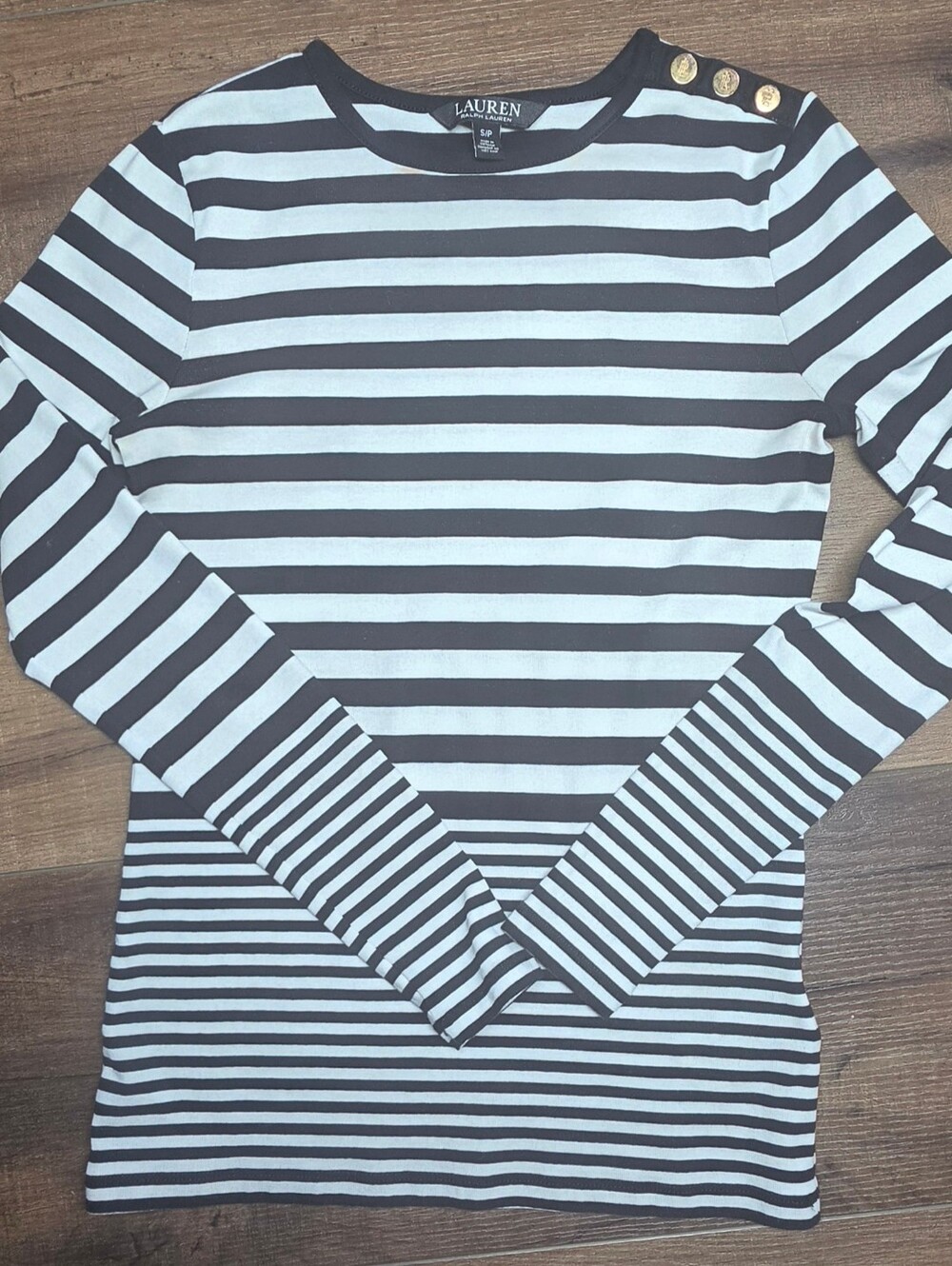 LAUREN Ralph Lauren Black and White Striped Long-Sleeve Crew with Gold Buttons